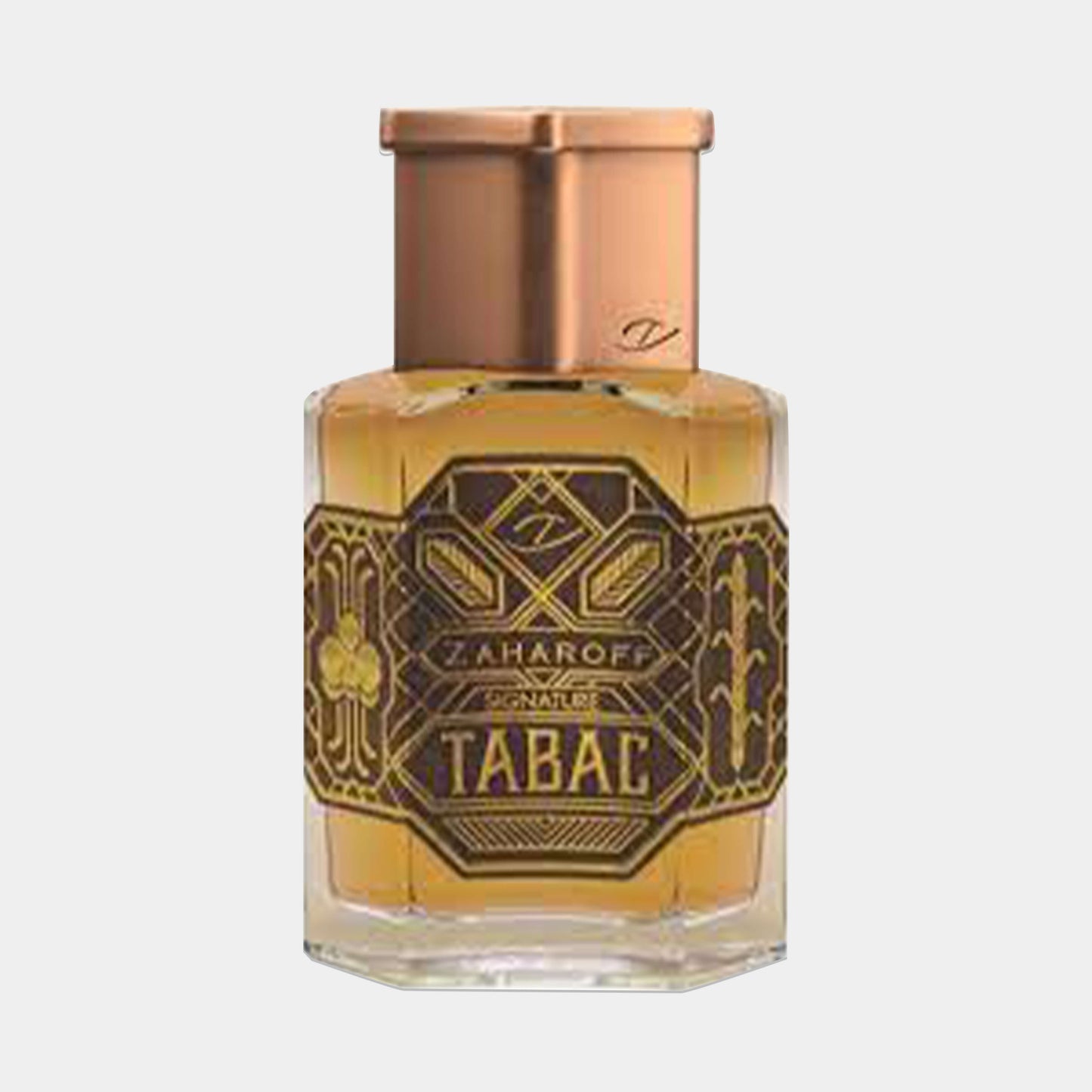 Zaharoff Signature Tabac Sample in an elegant glass bottle with a vintage-inspired gold label and a copper-colored cap.