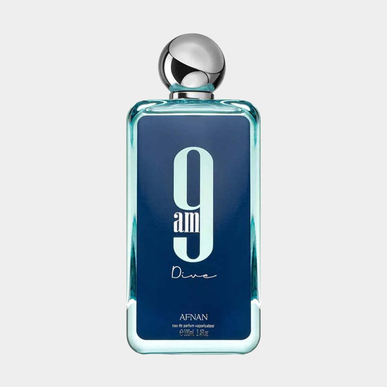 Afnan Perfumes 9AM Dive sample, gepresenteerd in een elegant, lichtblauw flesje met een zilveren dop. Het ontwerp heeft een moderne uitstraling met de naam van de geur prominent zichtbaar.