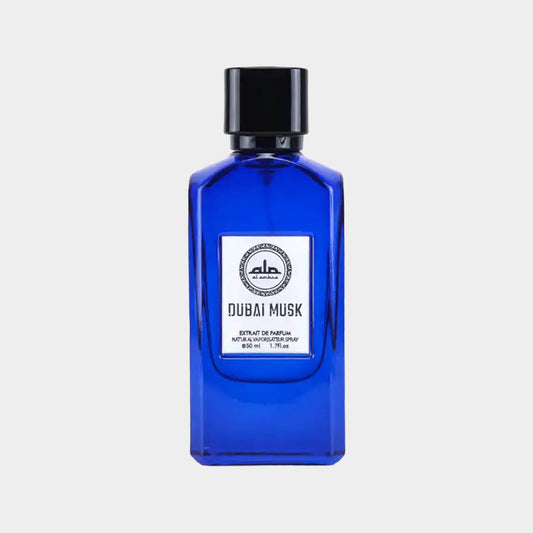 Alternatieve tekst: Al Ambra Dubai Musk Sample in een elegant, blauw flesje met een zwarte dop. Het product bevat 50 ml van een luxe muskgeur.