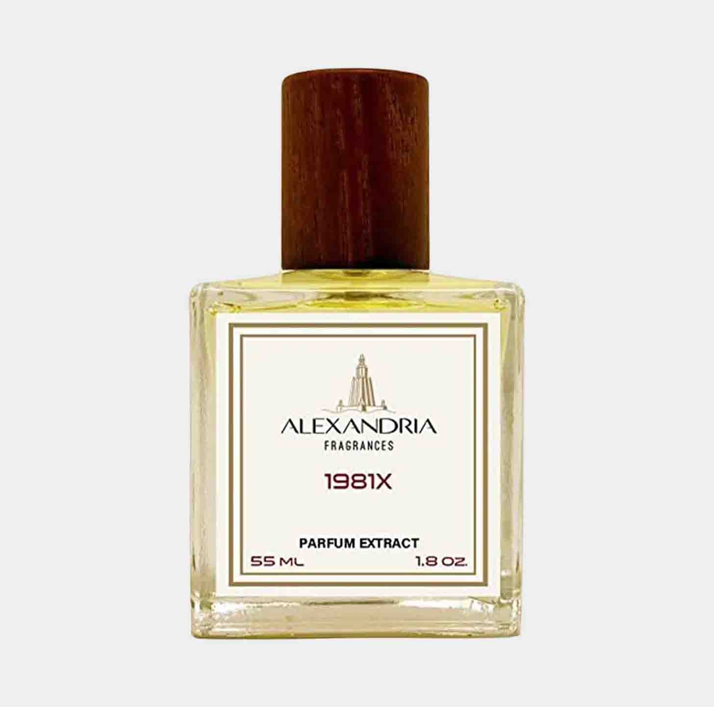 Sample van Alexandria Fragrances 1981X, een elegante parfumextract in een glazen flacon van 55 ml met een houten dop. De fles heeft een verfijnde uitstraling, perfect voor liefhebbers van unieke geuren.