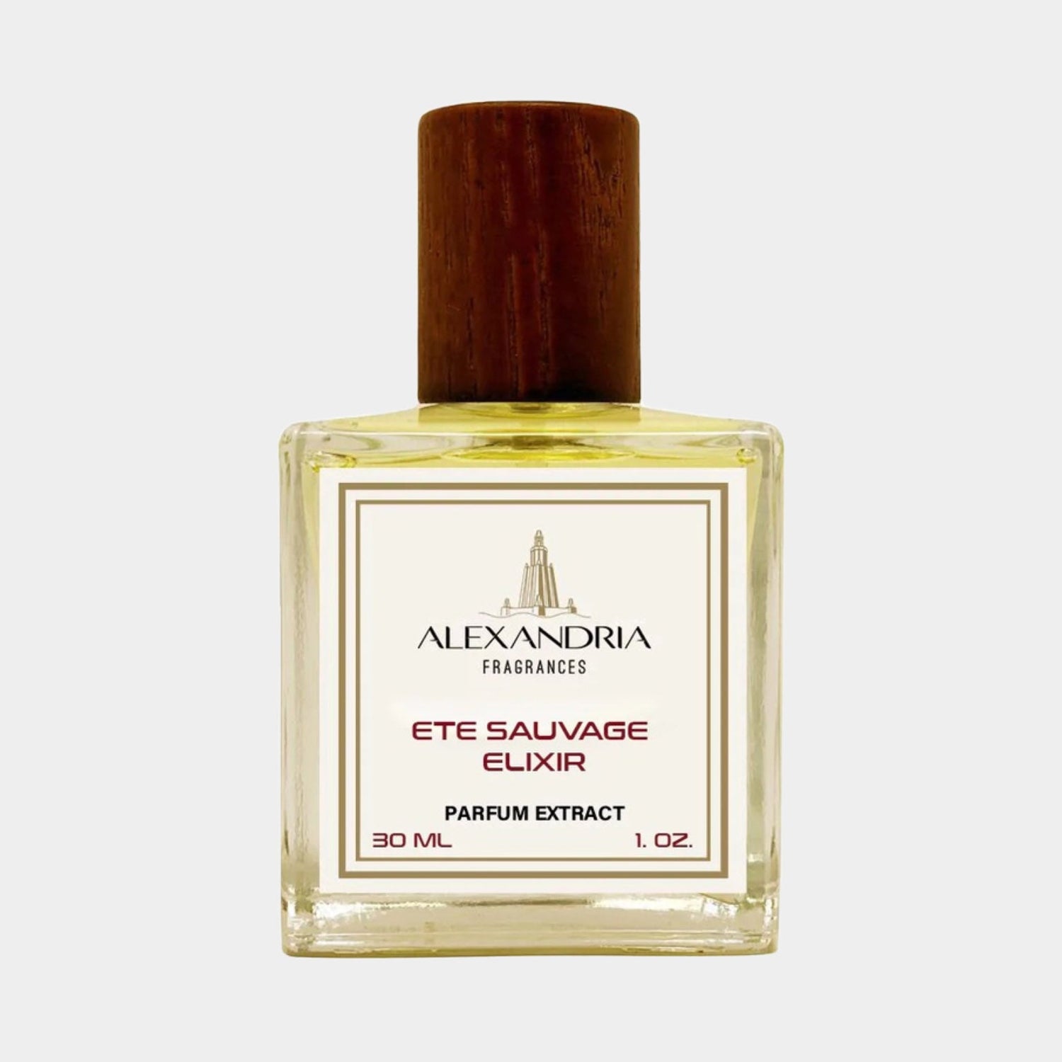 Een elegante full bottle van Alexandria Fragrances Ete Sauvage Elixir, een parfumextract van 30 ml met een houten dop en een verfijnde, lichtgele vloeistof.