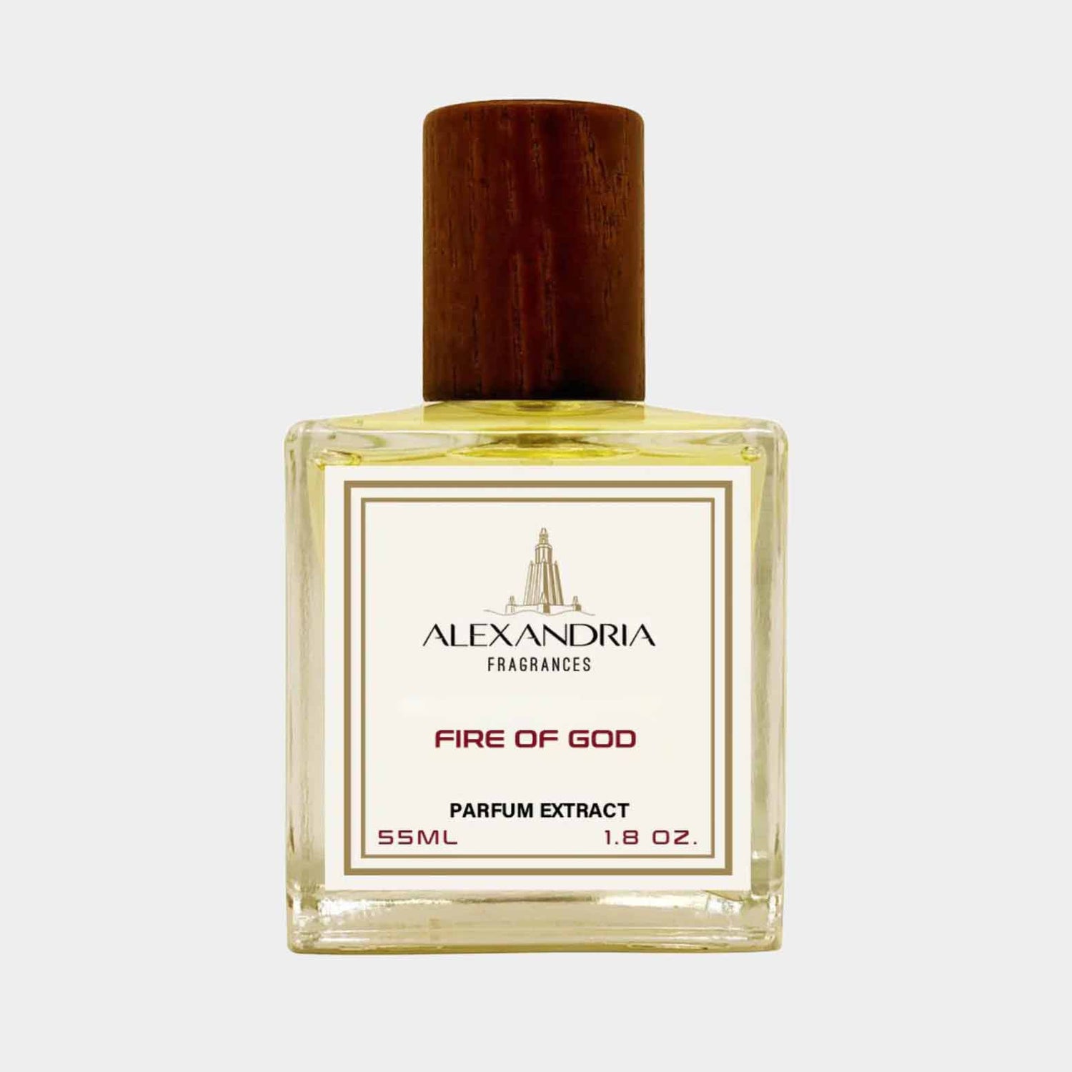 Een flesje van 55 ml Alexandrea Fragrances Fire of God parfumextract, met een elegante houten dop en een stijlvol etiket dat de naam van het parfum benadrukt. Perfect als sample voor liefhebbers van unieke geuren.