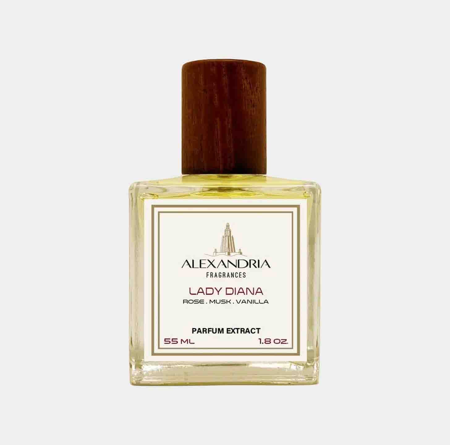 Sample bottle of Alexandria Fragrances Lady Diana, a parfum extract featuring notes of rozen, muskus en vanille, in een elegante glazen fles van 55 ml.