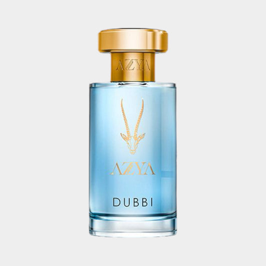 Azya Dubbi volle fles, een elegante parfumfles met een gouden dop en een helderblauwe vloeistof, ideal voor een luxe geurervaring.