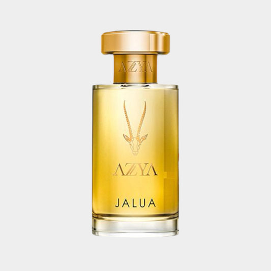 Azya Jalua volle fles met een elegante gouden dop, gevuld met een warme, amberkleurige geur. Het flesontwerp benadrukt luxe en verfijning.