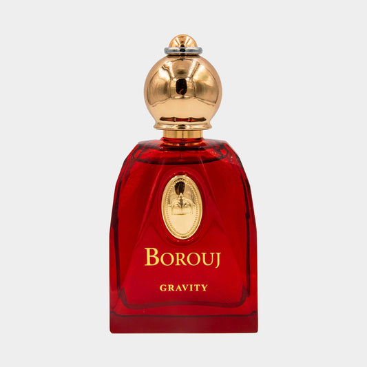 Borouj Gravity Full bottle met een elegante, rode glazen fles en een gouden dop, perfect voor een luxe geurervaring.