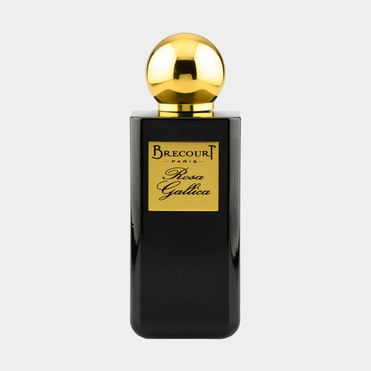 Brecourt Rosa Gallica Full bottle met een elegant zwart flesontwerp en een gouden dop, die de luxe geur van rozen uitstraalt.