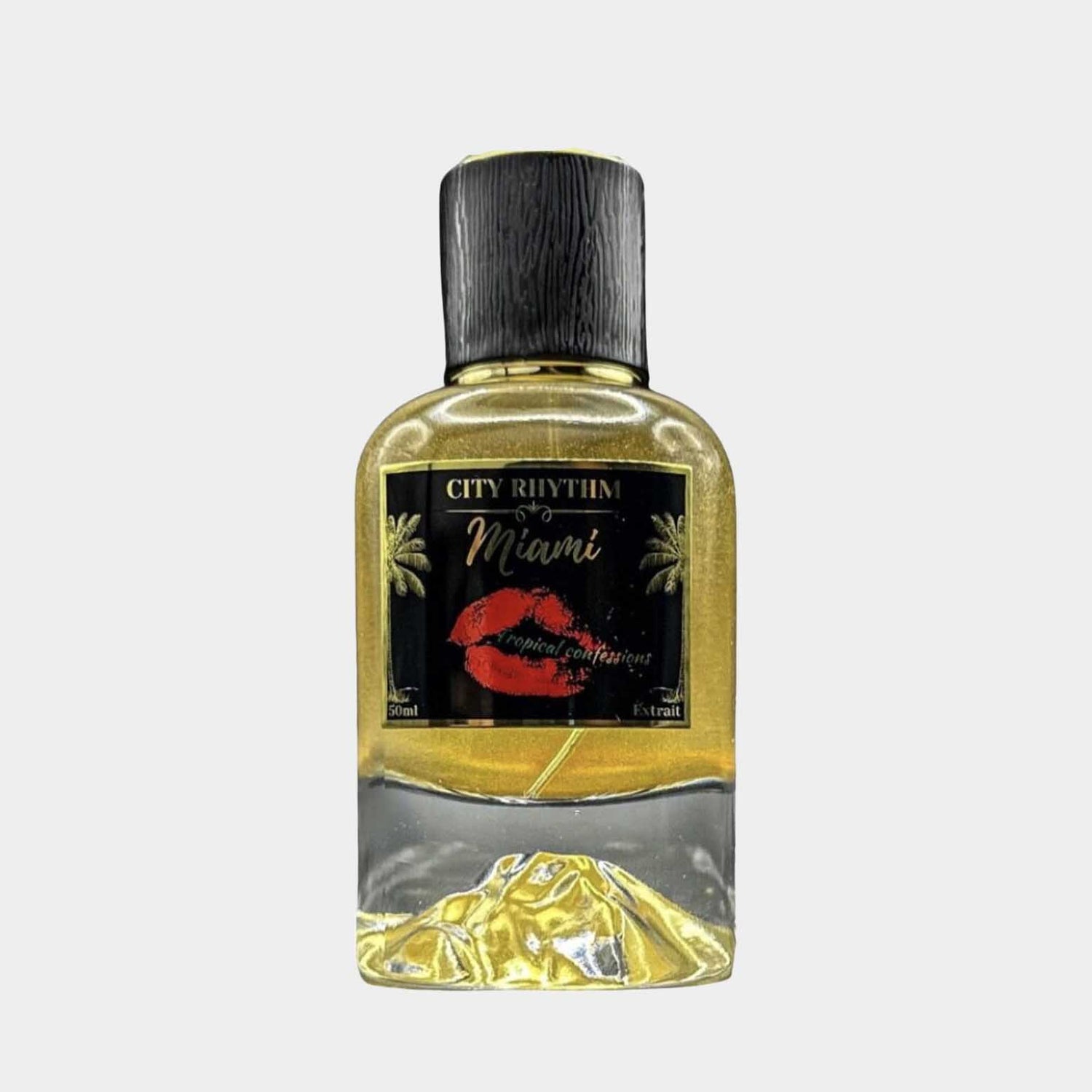 Flesje van City Rhythm Miami Tropical Confessions Sample, met een gouden vloeistof en een etiket met tropische elementen en een lippenafdruk.