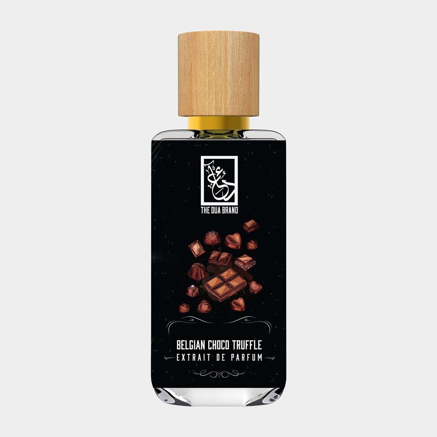 Dua Belgian Choco Truffle, een parfum met de rijke geur van Belgische chocolade-truffels, verpakt in een elegant flacon met een houten dop.