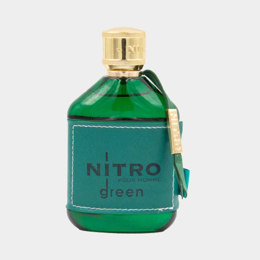 Dumont Nitro Green Full bottle, een stijlvolle, groene geurflacon met gouden dop en een elegant design.