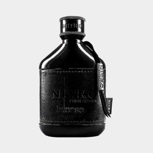 Dumont Nitro Intense full bottle in a sleek black design, featuring a textured leather-like finish and an elegant cap, exuding sophistication.