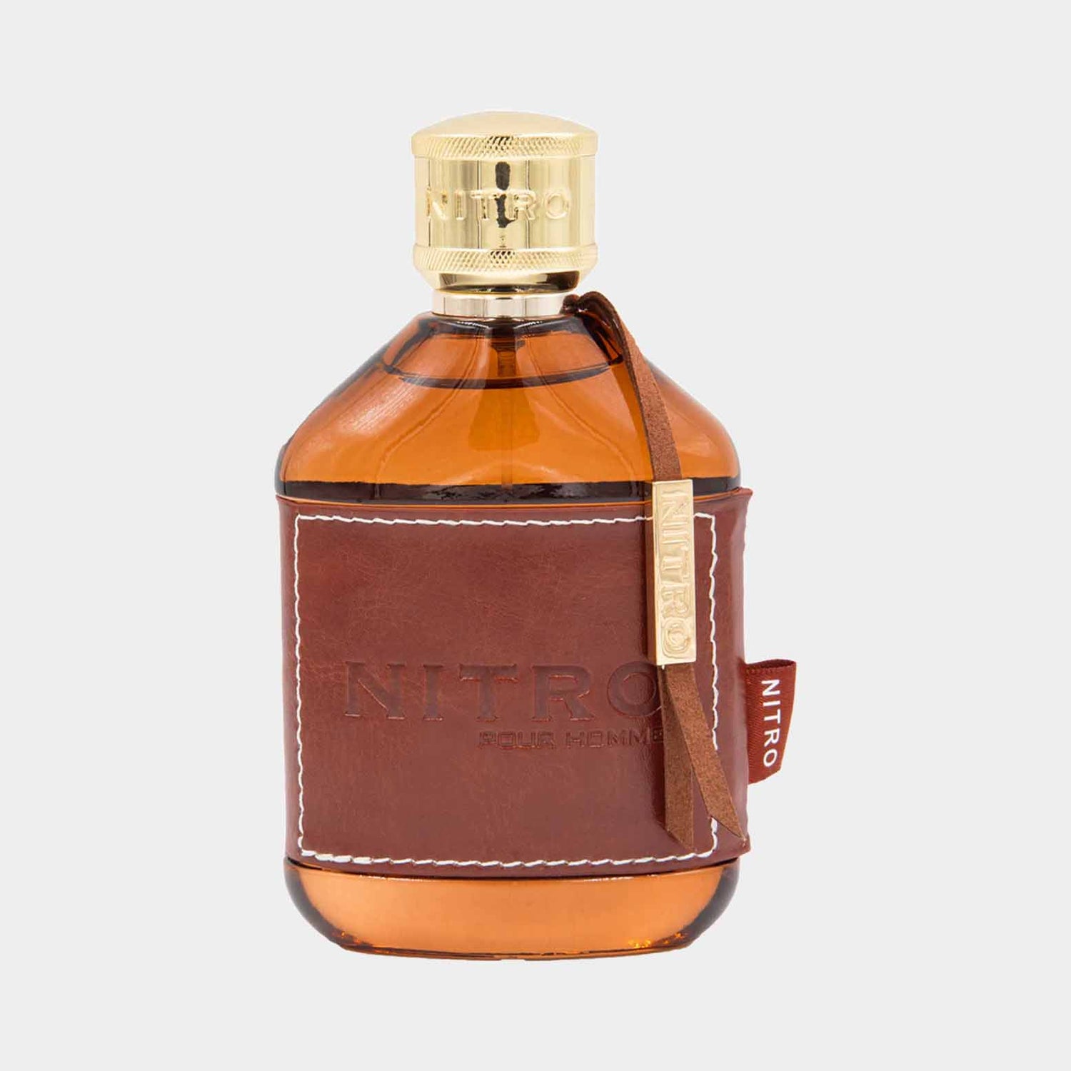 Dumont Nitro Pour Homme full bottle met een luxe leren flesomslag en een gouden dop, perfect voor een verfijnde geurervaring.