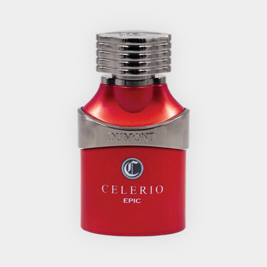 Dumont Celerio Epic full bottle, uitgevoerd in een opvallende rode verpakking met een zilveren dop, elegant en modern van design.