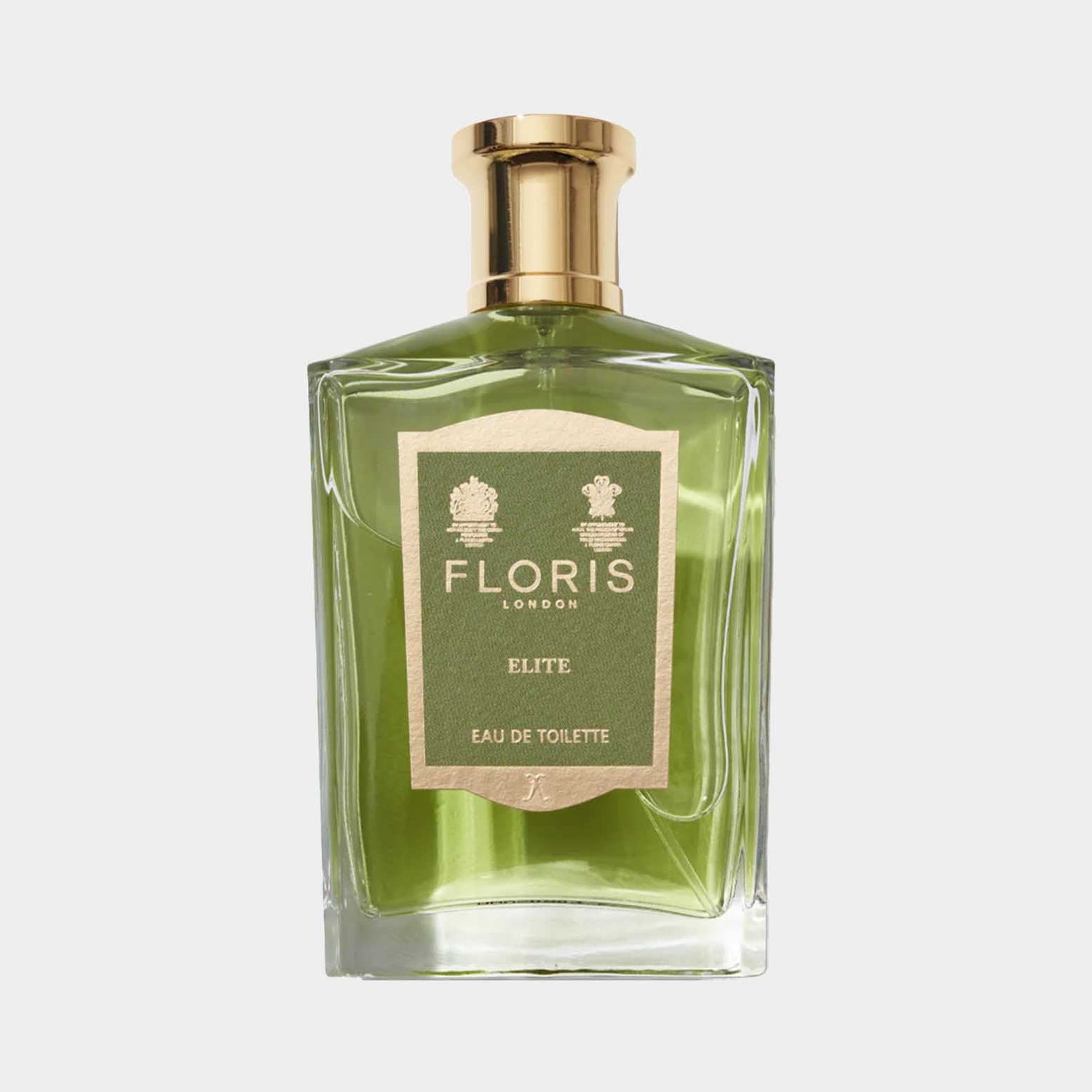 Floris London Elite Sample, een elegante eau de toilette in een strak glazen fles met een groenachtige tint en een gouden dop.