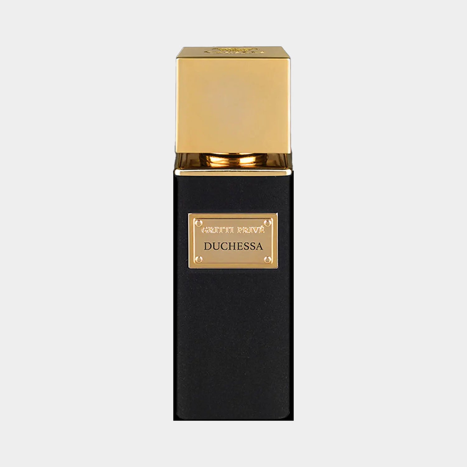 Monsterflesje van Gritti Duchessa EXDP met een elegante gouden dop en een zwart flacon, perfect voor een luxe geurervaring.