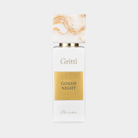 Gritti Gossip Night EDP Sample in een stijlvolle fles met marmeren dop en een gouden label, perfect voor een luxe parfumervaring.