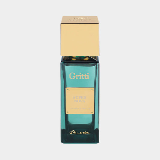 Gritti Super Nova EXDP Sample, een elegant parfum in een groene glazen fles met een gouden afsluitdop. Perfect voor degenen die willen kennismaken met deze unieke geur.