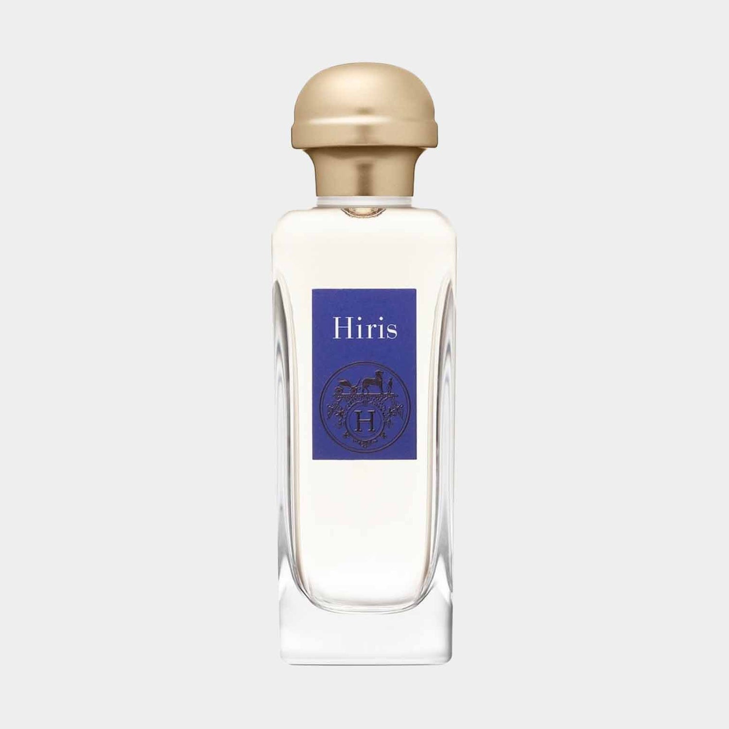 Een elegante samplefles van Hermès Hiris, met een beeldmerk op de blauwe label en een gouden dop. Het ontwerp is chique en tijdloos.