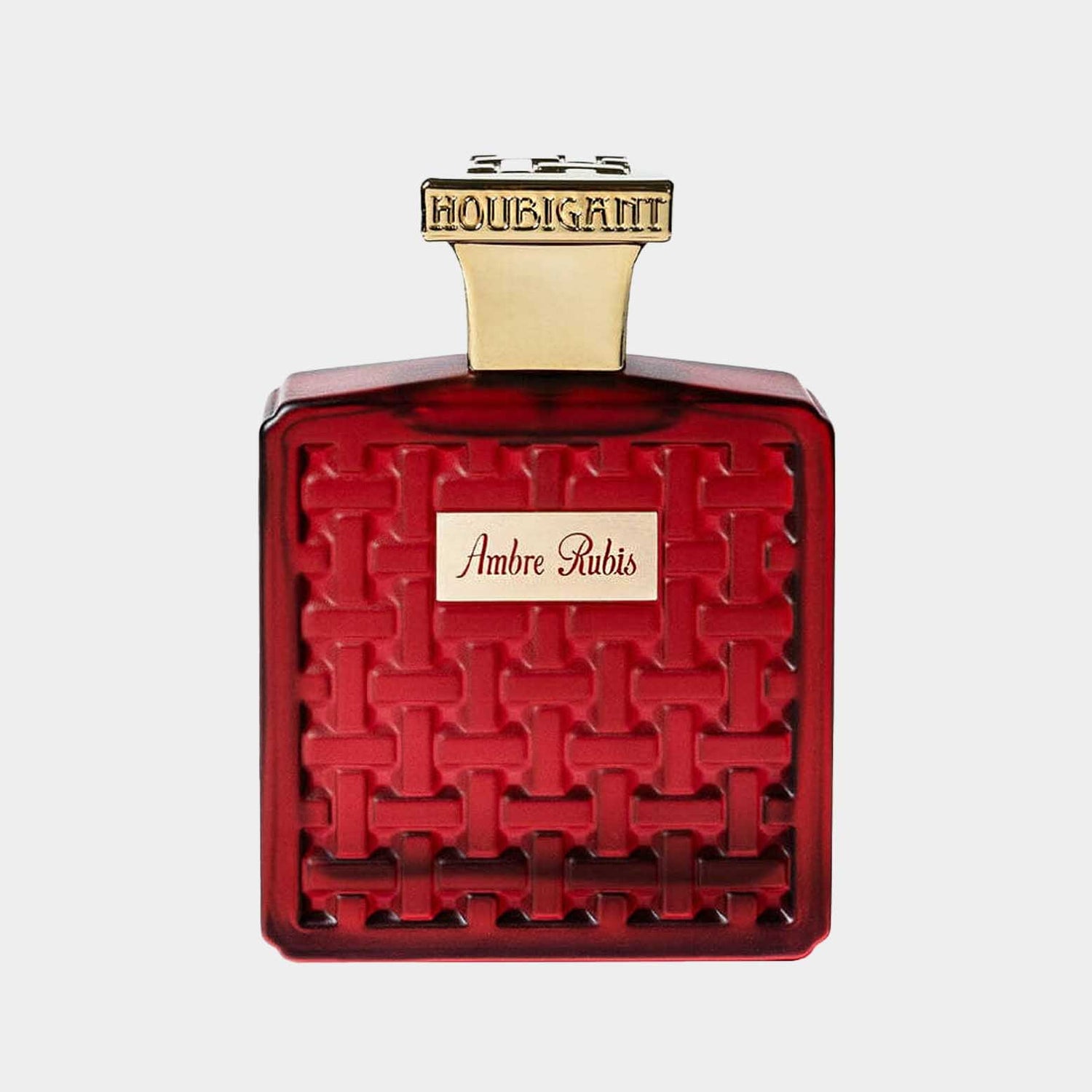 Houbigant Ambre Rubis sample, een luxe parfum in een opvallende rode fles met een geweven motief, afgewerkt met een gouden dop.