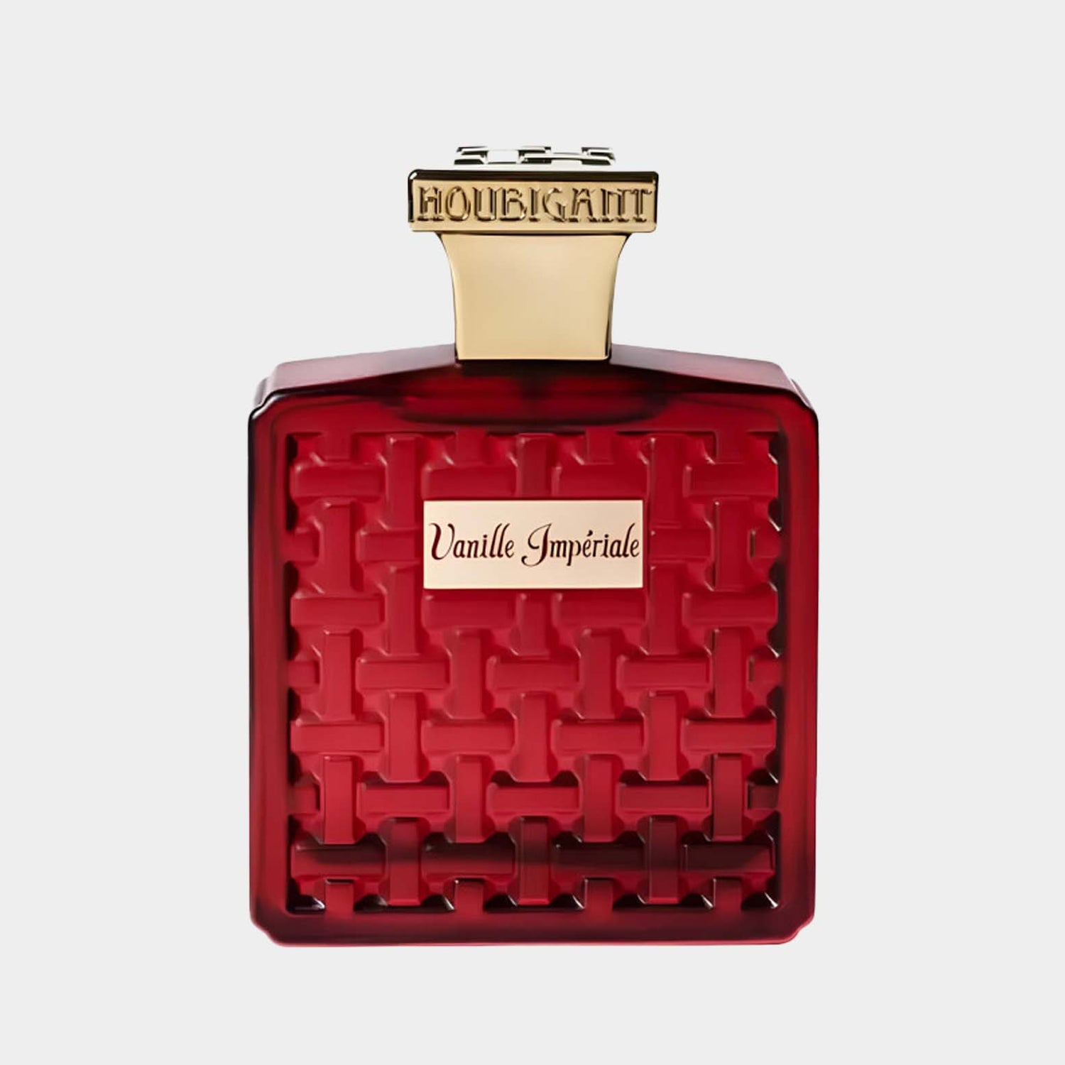 Houbigant Vanille Impériale sample, gepresenteerd in een luxe, dieprode flacon met een opvallend patroon en gouden dop.
