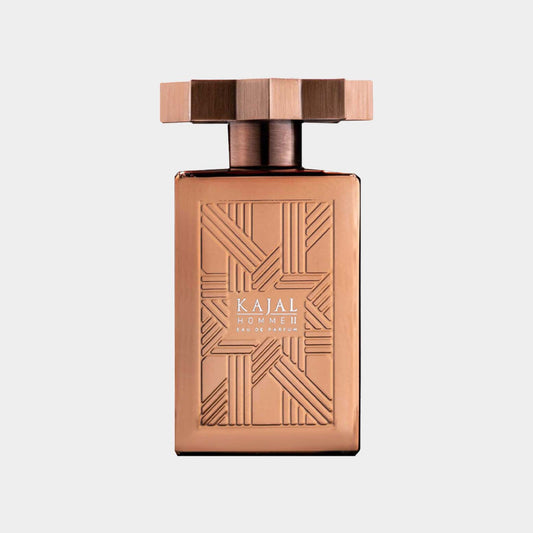 Kajal Homme II full bottle, een luxe geur in een elegant, bronzen flacon met een gepolijst metalen dop en een fraai gegraveerd ontwerp.
