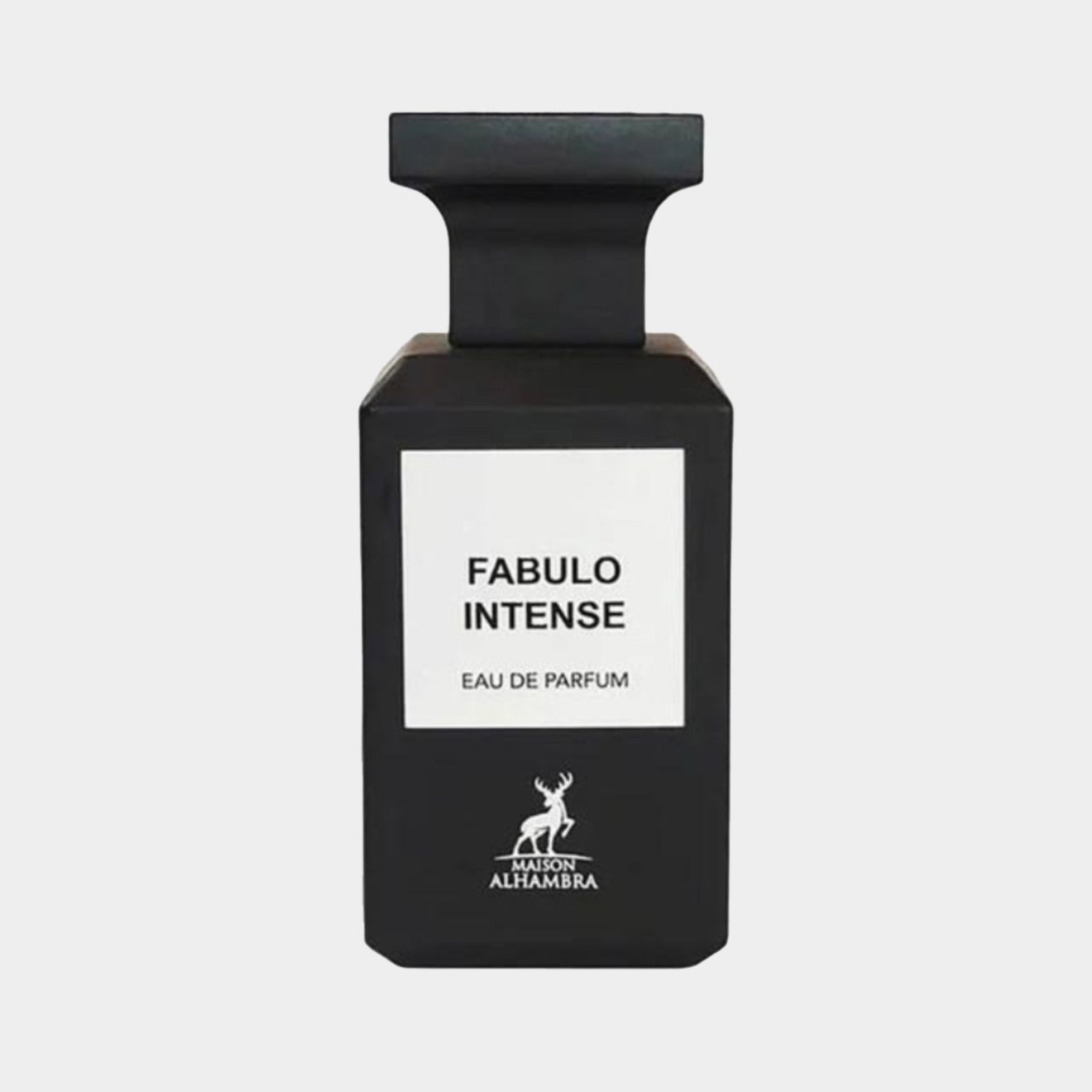 Een zwarte parfumfles van Maison Alhambra met de naam Fabulo Intense op de voorkant, ontworpen voor een luxe geurervaring.