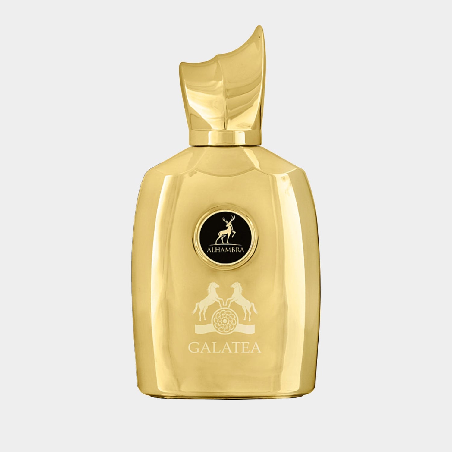 Gouden flacon van de Maison Alhambra Galatea Full bottle, met een elegante vorm en een herkenbaar logo. Dit parfum straalt luxe en verfijning uit.