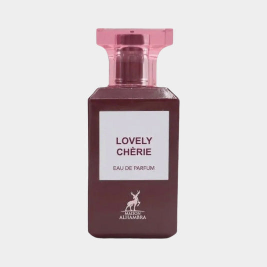 Maison Alhambra Lovely Chèrie volle fles, een elegante parfumfles met een roze dop en een diepe, rijke kleur.