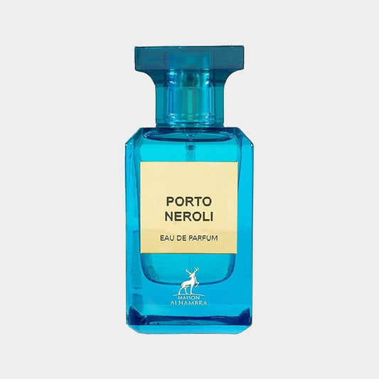 Een full bottle van Maison Alhambra Porto Neroli, met een helderblauwe fles en een eenvoudige etikettering. Dit parfum is ontworpen voor een frisse en fruitige geurervaring.