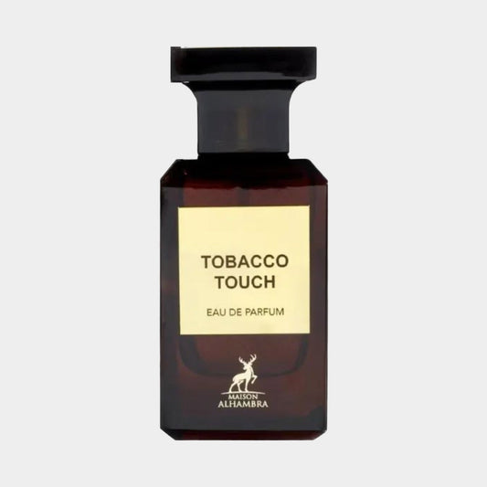 Maison Alhambra Tobacco Touch, een volle eau de parfum in een elegante, donkere fles met een label dat de naam en het merk toont.