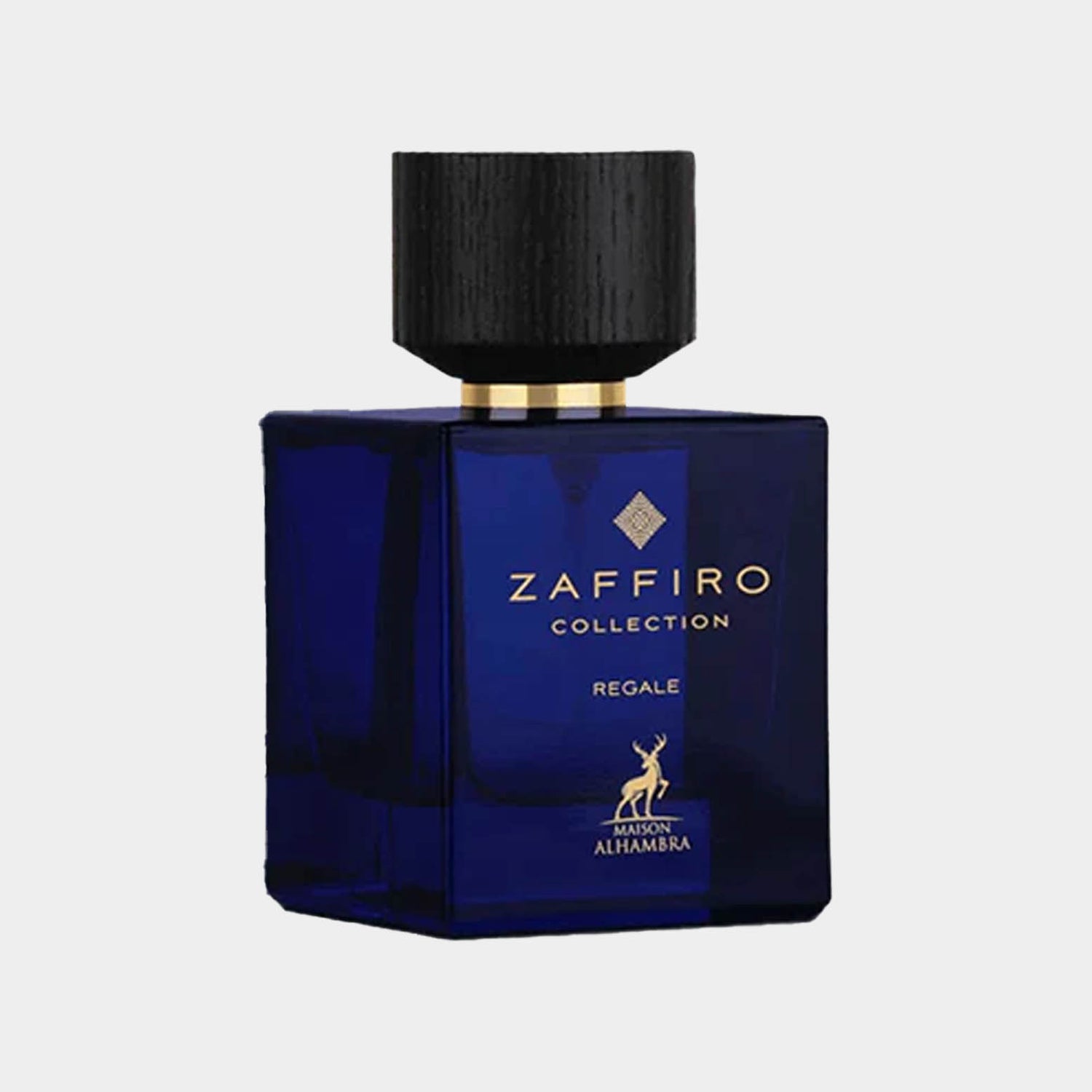 Sample van de Maison Alhambra Zaffiro Collection Regale, gepresenteerd in een elegante, diepblauwe flacon met een zwarte dop en gouden accenten.