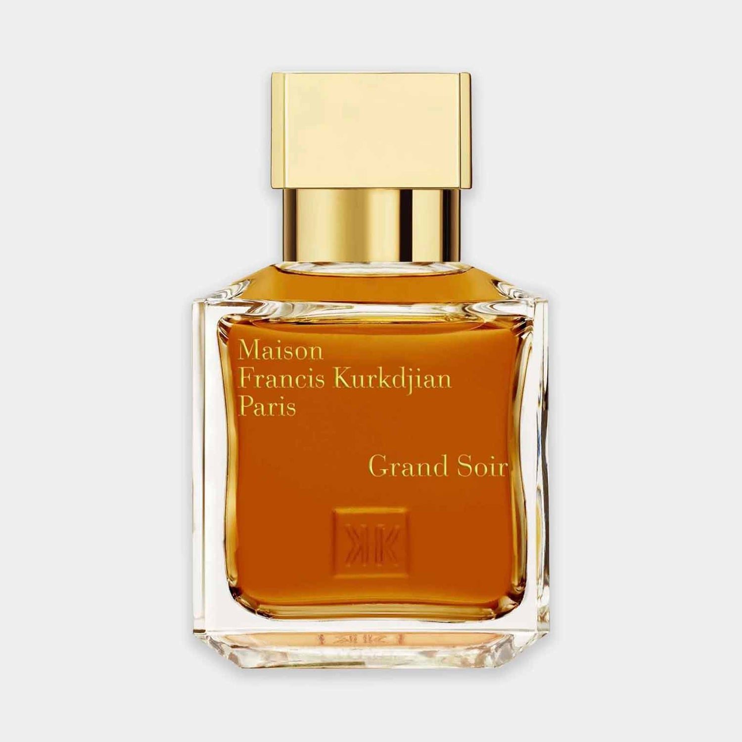 Maison Francis Kurkdjian Grand Soir sample, een elegant parfum in een stijlvolle flacon met een gouden accenten, perfect voor een luxe geurervaring.