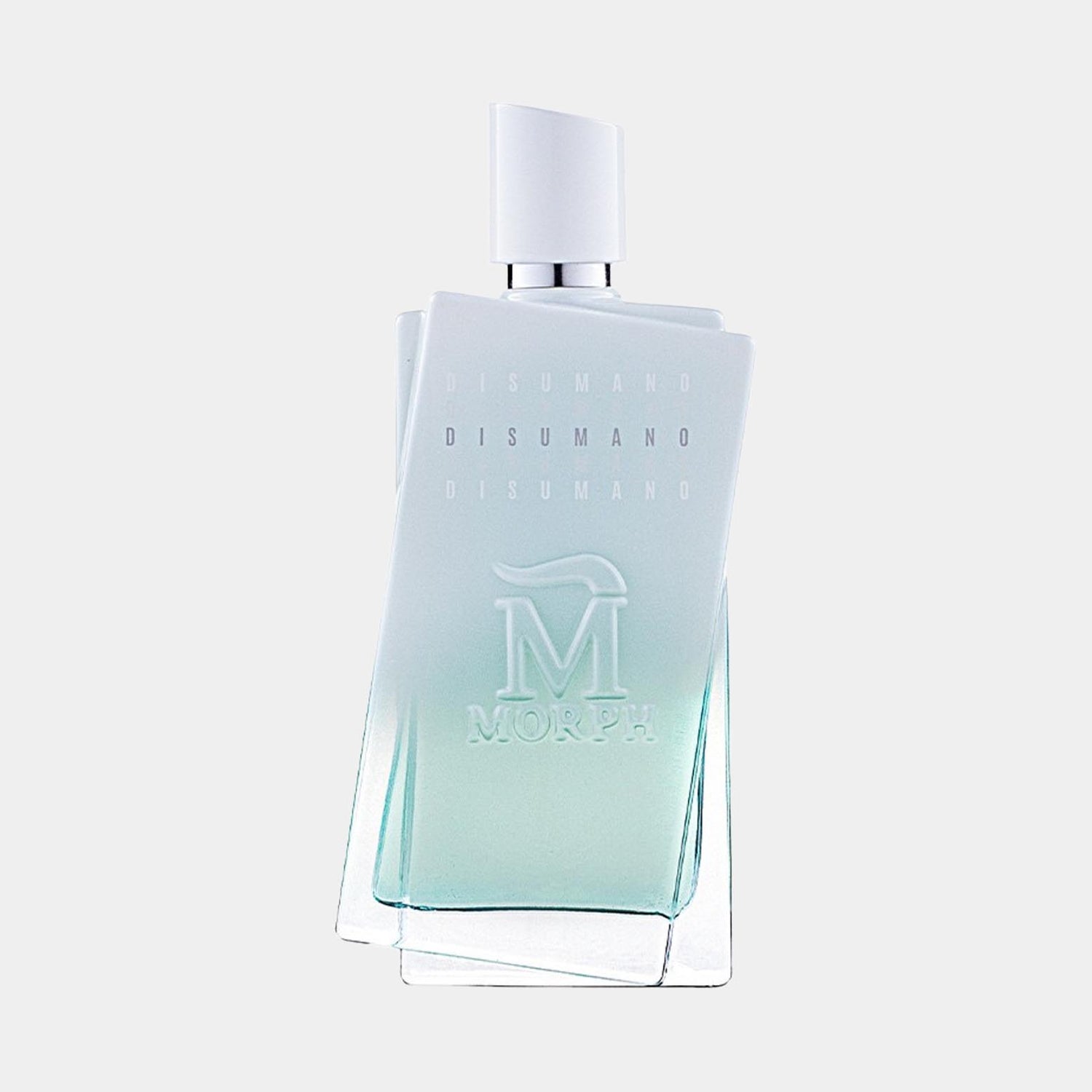 Morph Disumano Sample, een elegante geur in een moderne, minimalistische verpakking met een vervaagd ontwerp in verschillende tinten blauw en wit.