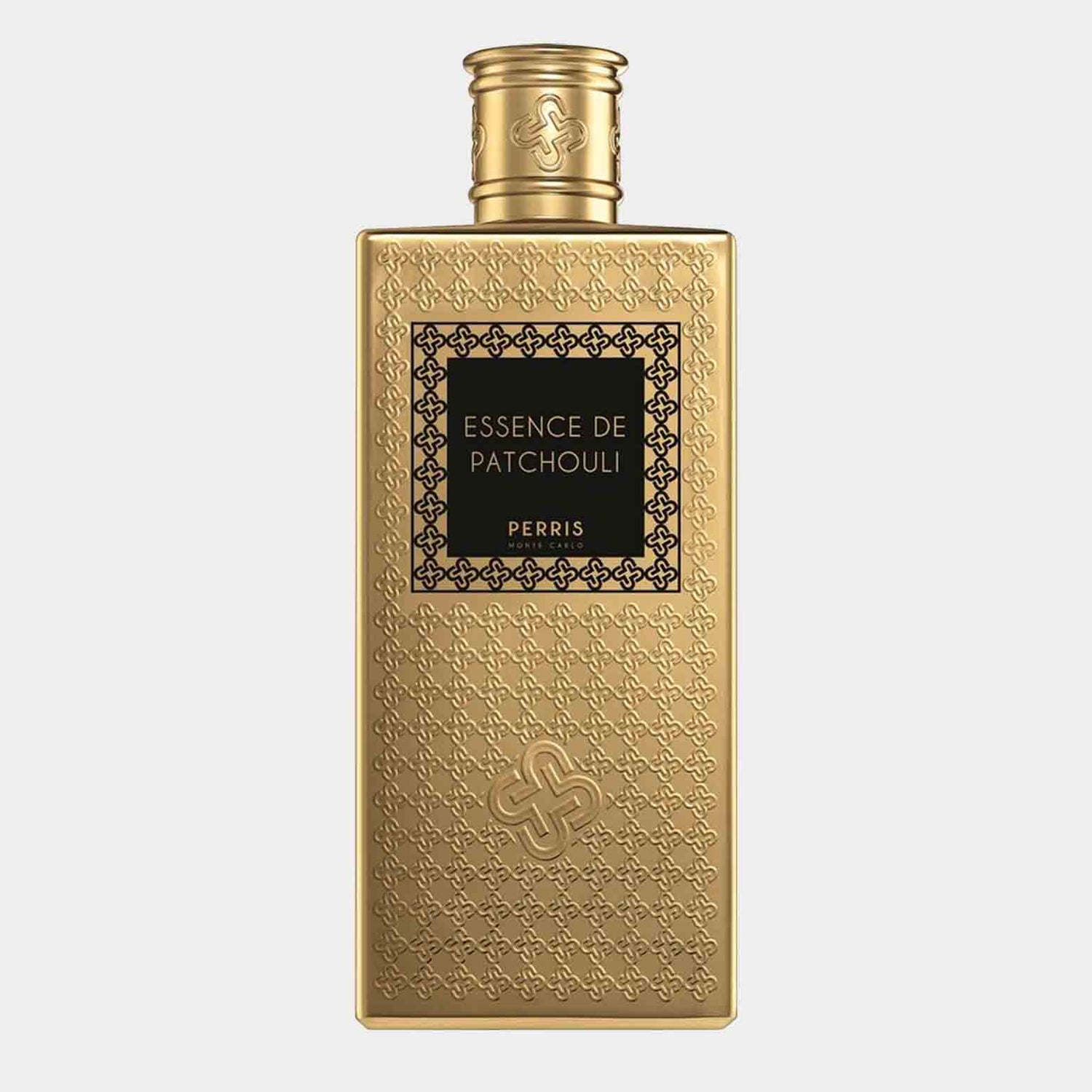 Een volle fles van Perris Monte Carlo Essence de Patchouli, elegant verpakking in gouden tinten met een verfijnd patroon en een opvallend label.