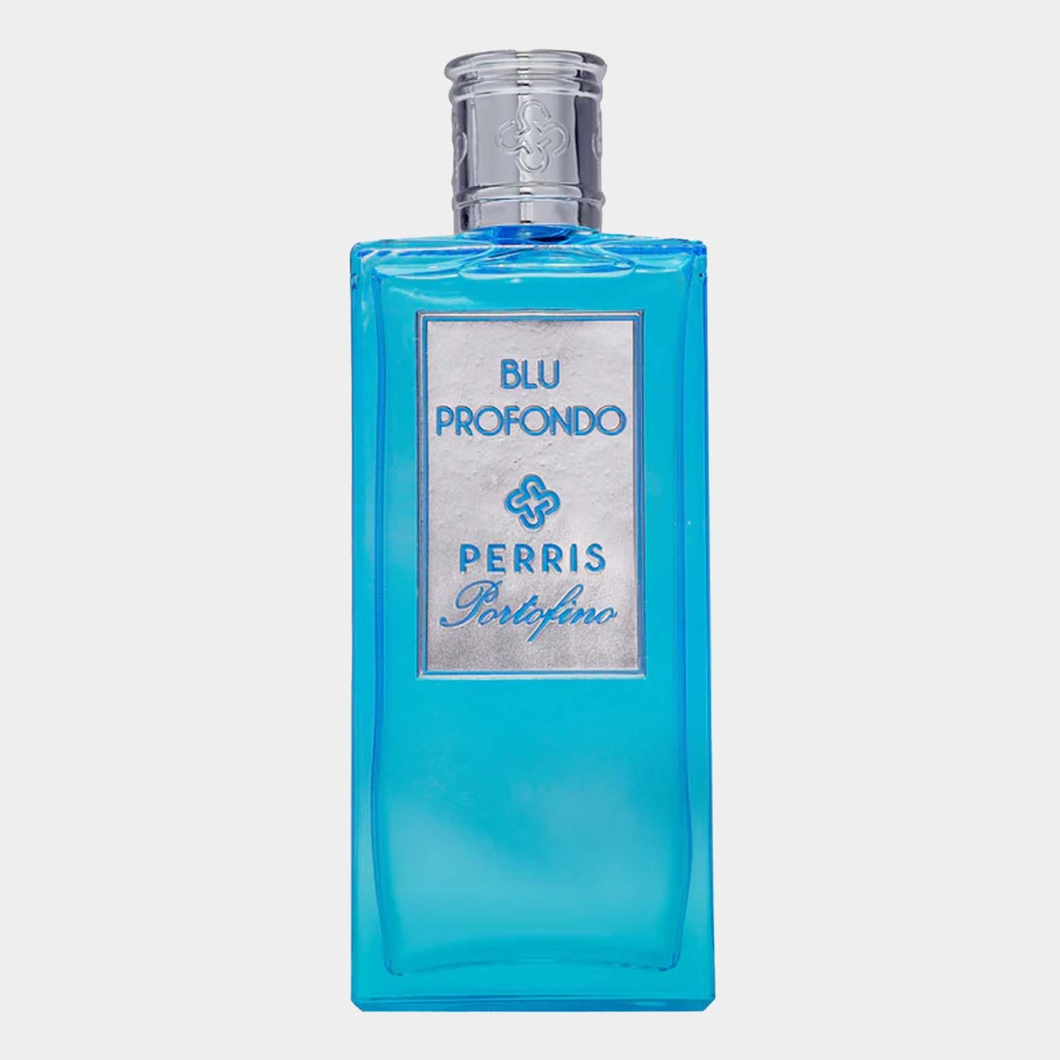 Perris Portofino Blu Profondo Sample, een elegant flesje met een levendige blauwe kleur, straalt frisheid en luxe uit. Perfect voor liefhebbers van verfijnde parfums.