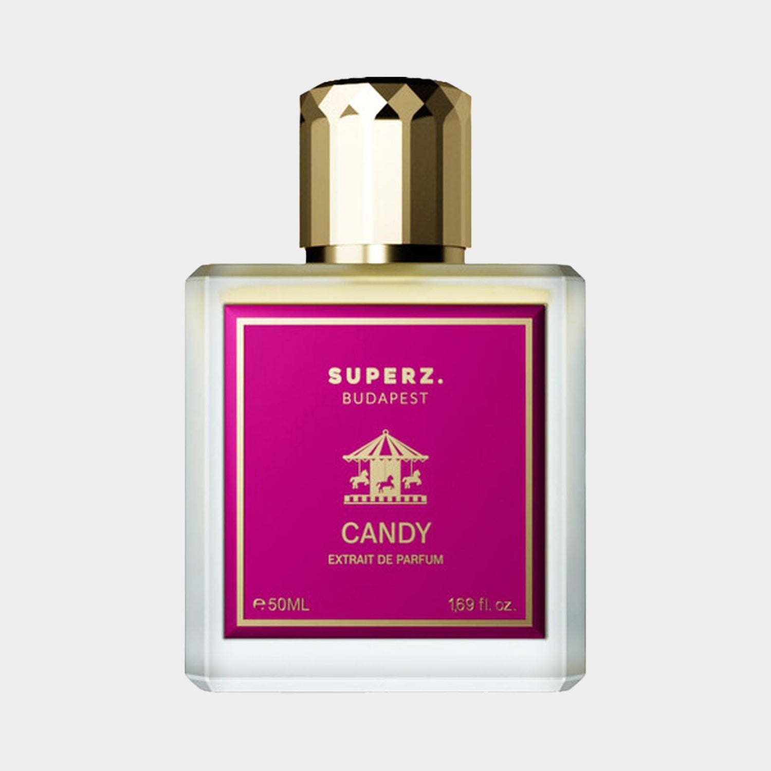 Superz Candy Full bottle - een elegant parfum in een stijlvolle flacon van 50 ml met een opvallende roze label en gouden dop.
