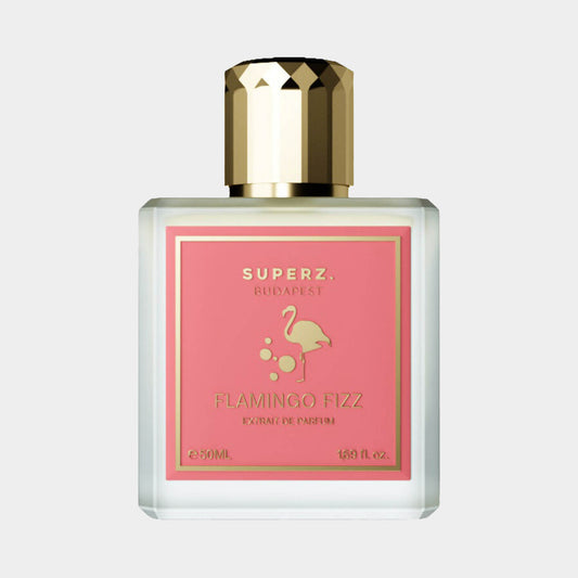 Superz Flamingo Fizz Full bottle met een elegant ontwerp en een roze label, bevat 50 ml parfum-extract.
