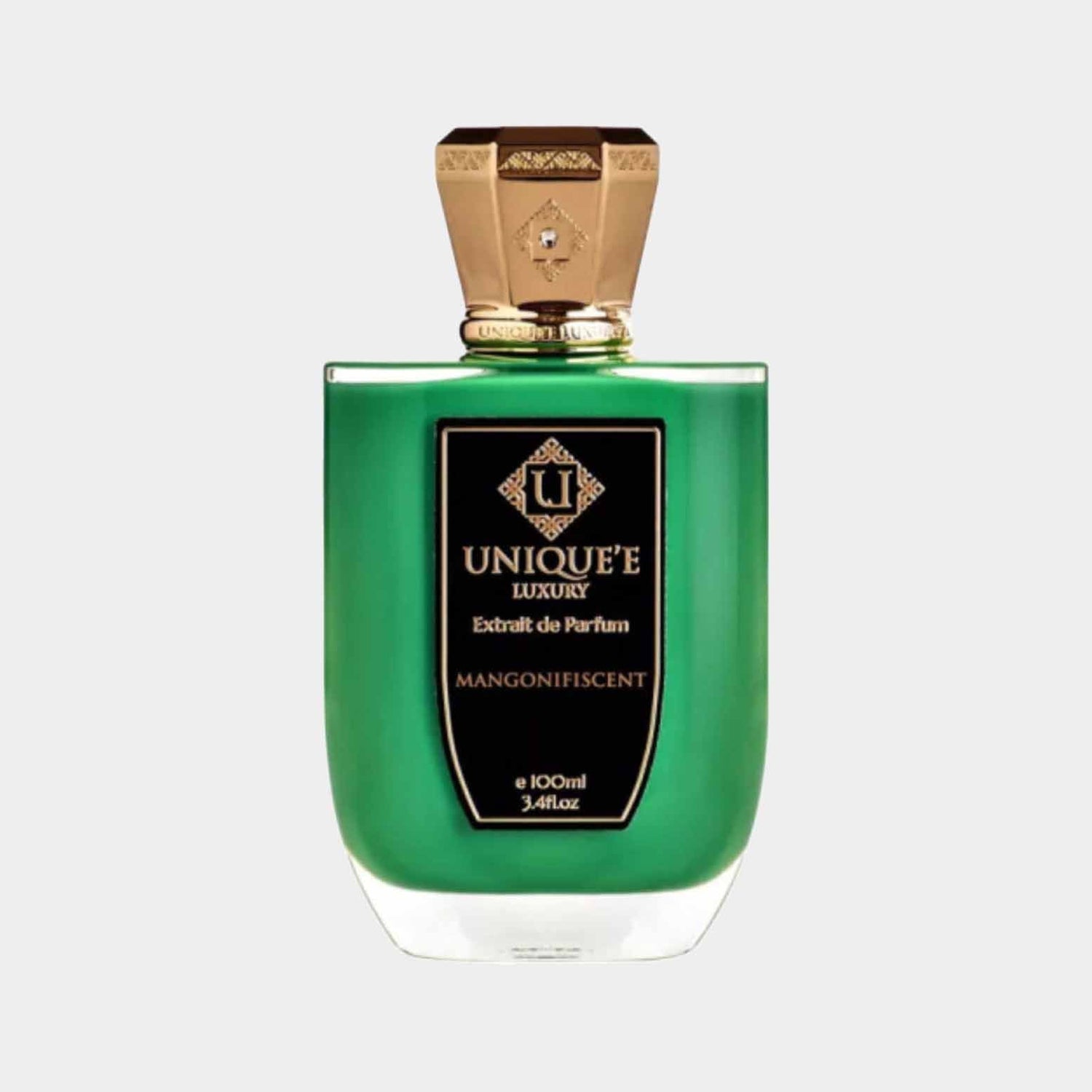 Een volle fles van Uniquee Luxury Mangonifiscent Extrait de Parfum, gekenmerkt door een elegante groene kleur en een gouden dop. De luxe verpakking weerspiegelt de verfijnde geur binnenin.