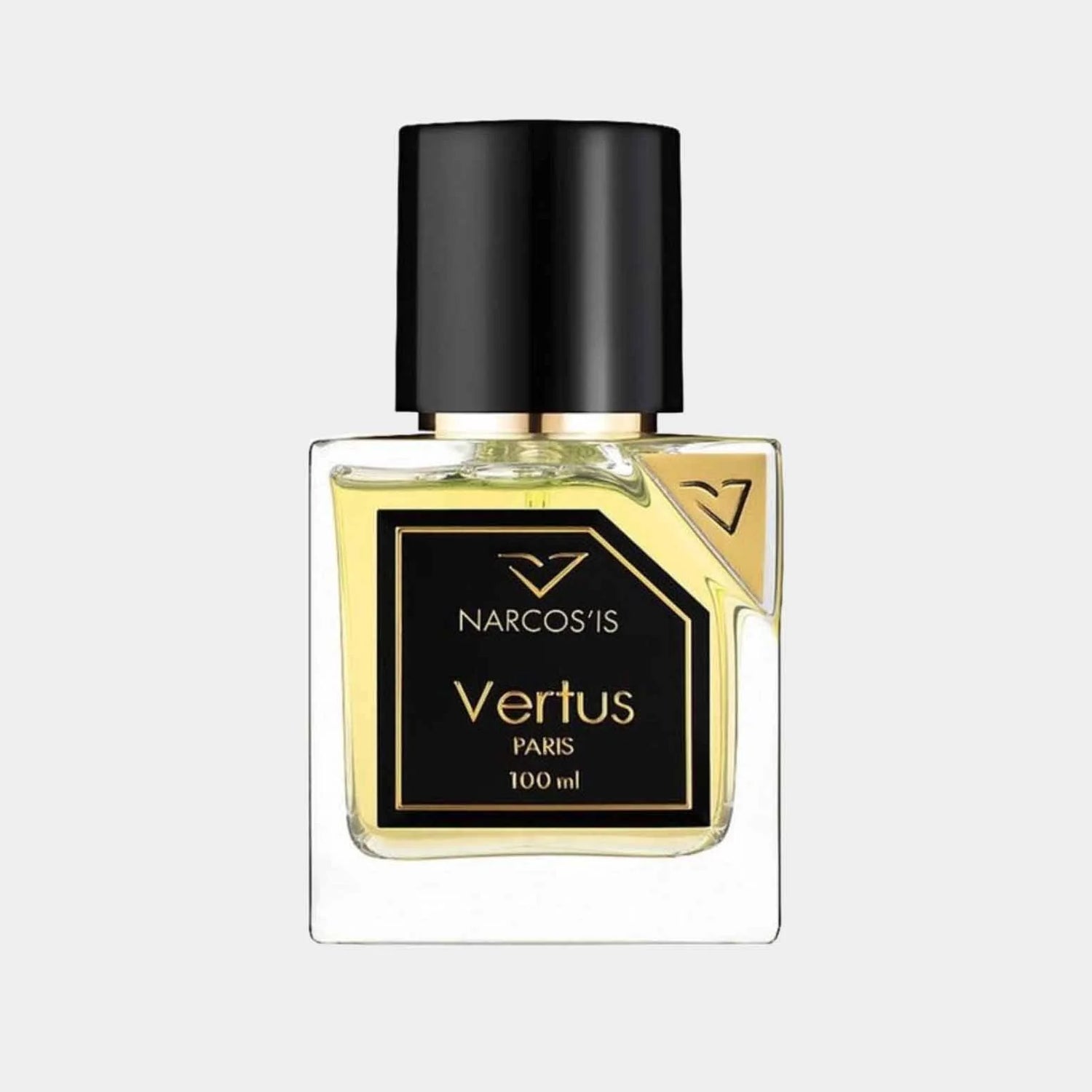 Full bottle van Vertus Narcosis, een luxe parfum van 100 ml verpakt in een elegant glazen fles met een zwarte dop. Het ontwerp straalt verfijning en stijl uit.