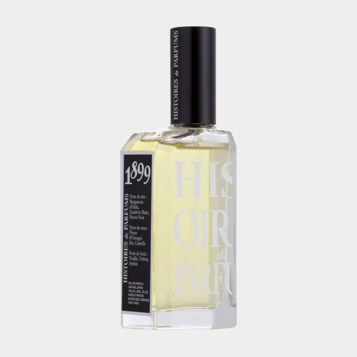 Sample van Histoires de Parfums 1899 Hemingway, een geur in een elegante glazen flacon met een zwarte dop en een minimalistisch label.