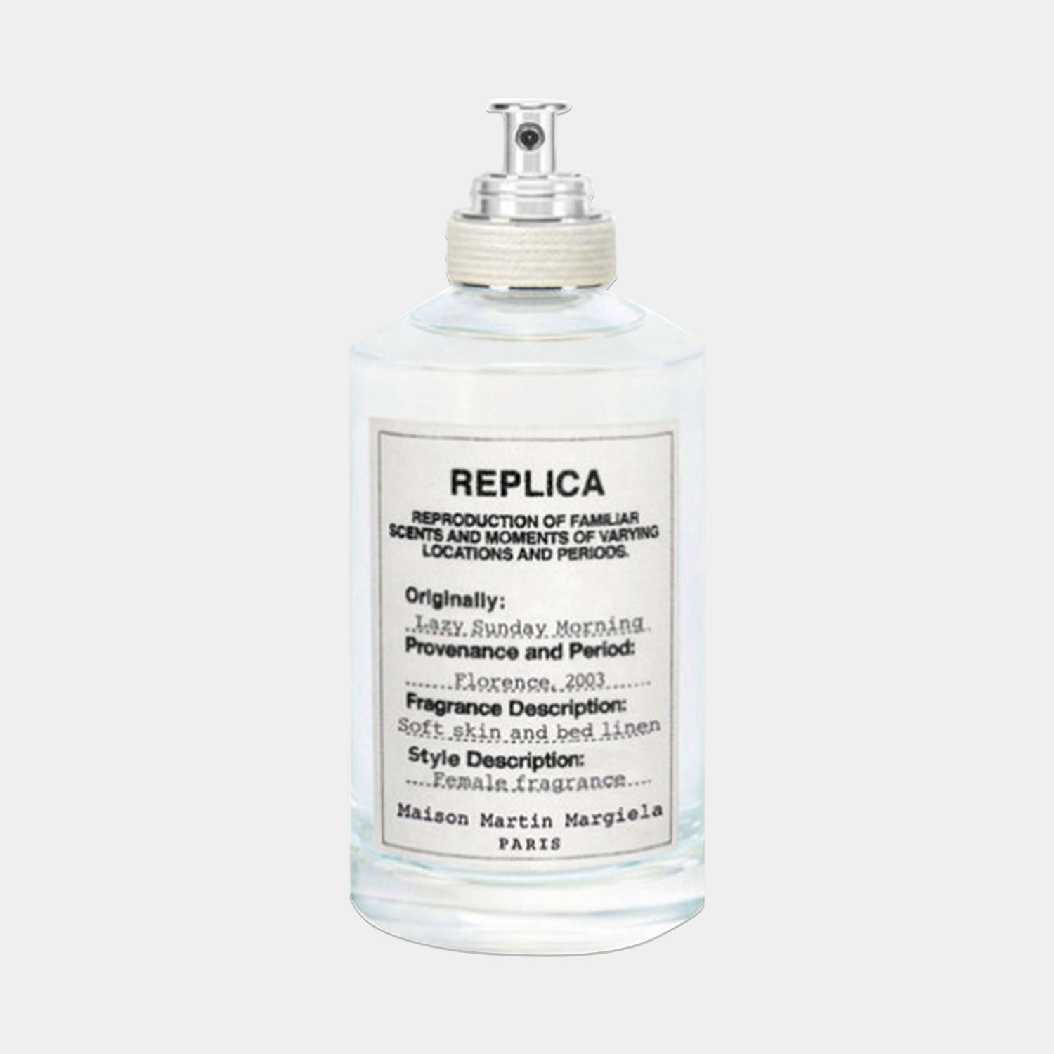 Maison Martin Margiela Replica Lazy Sunday Morning Sample, een geur in een transparante fles met een elegante spuitdop, die de frisheid van zachte, gewassen lakens oproept.